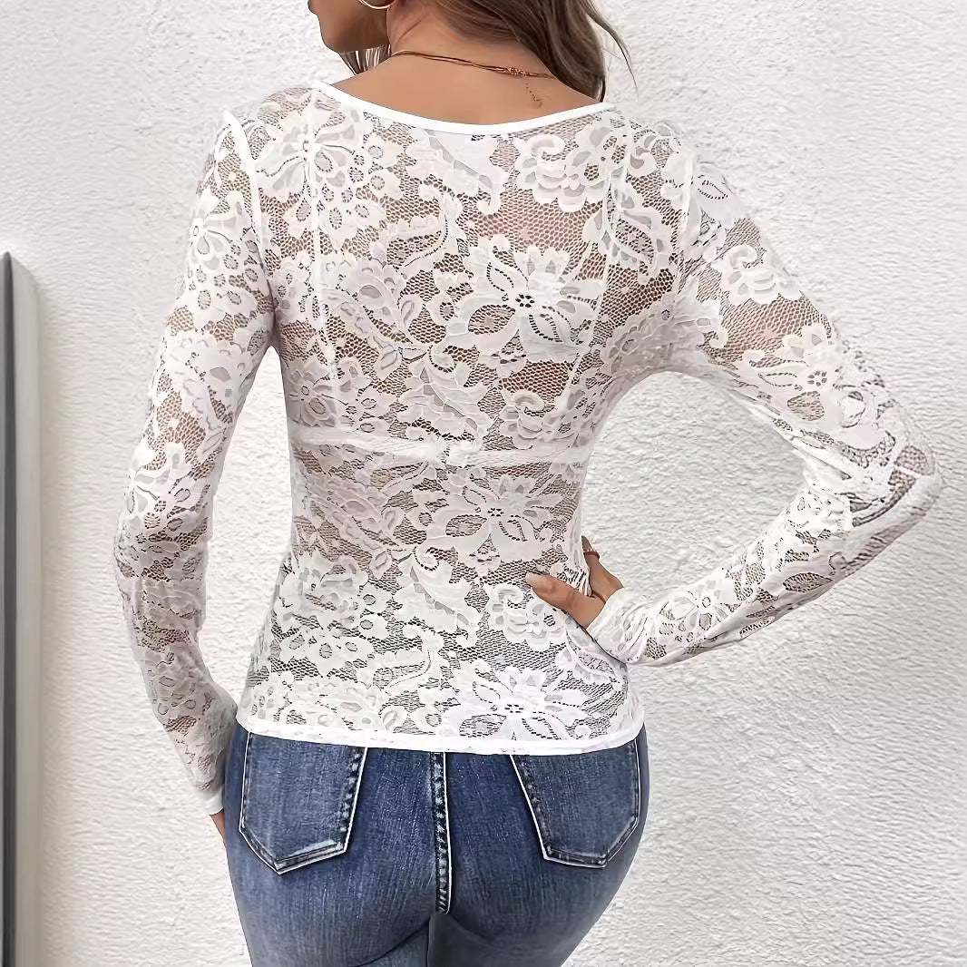 2025 new elegant V-neck fan-shaped collar edge single-layer lace long-sleeved T-shirt slim and thin women