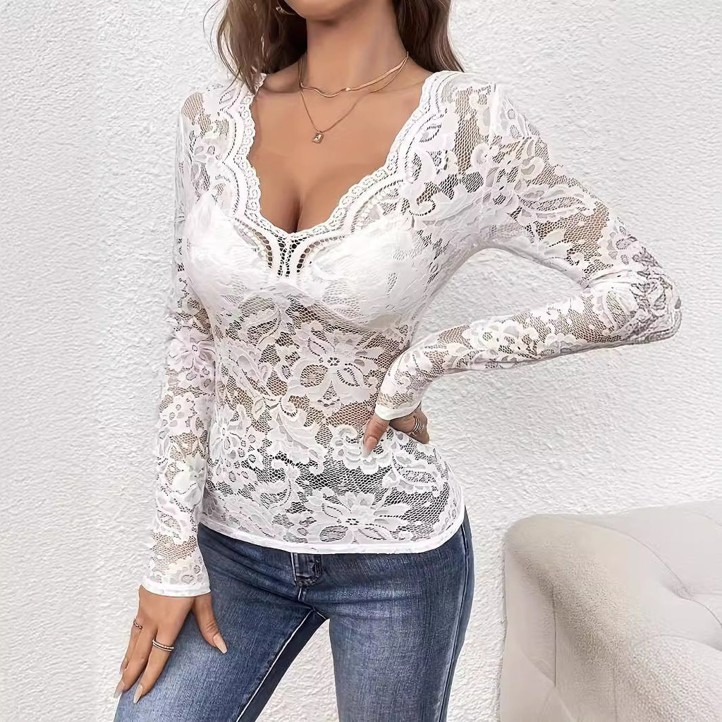 2025 new elegant V-neck fan-shaped collar edge single-layer lace long-sleeved T-shirt slim and thin women