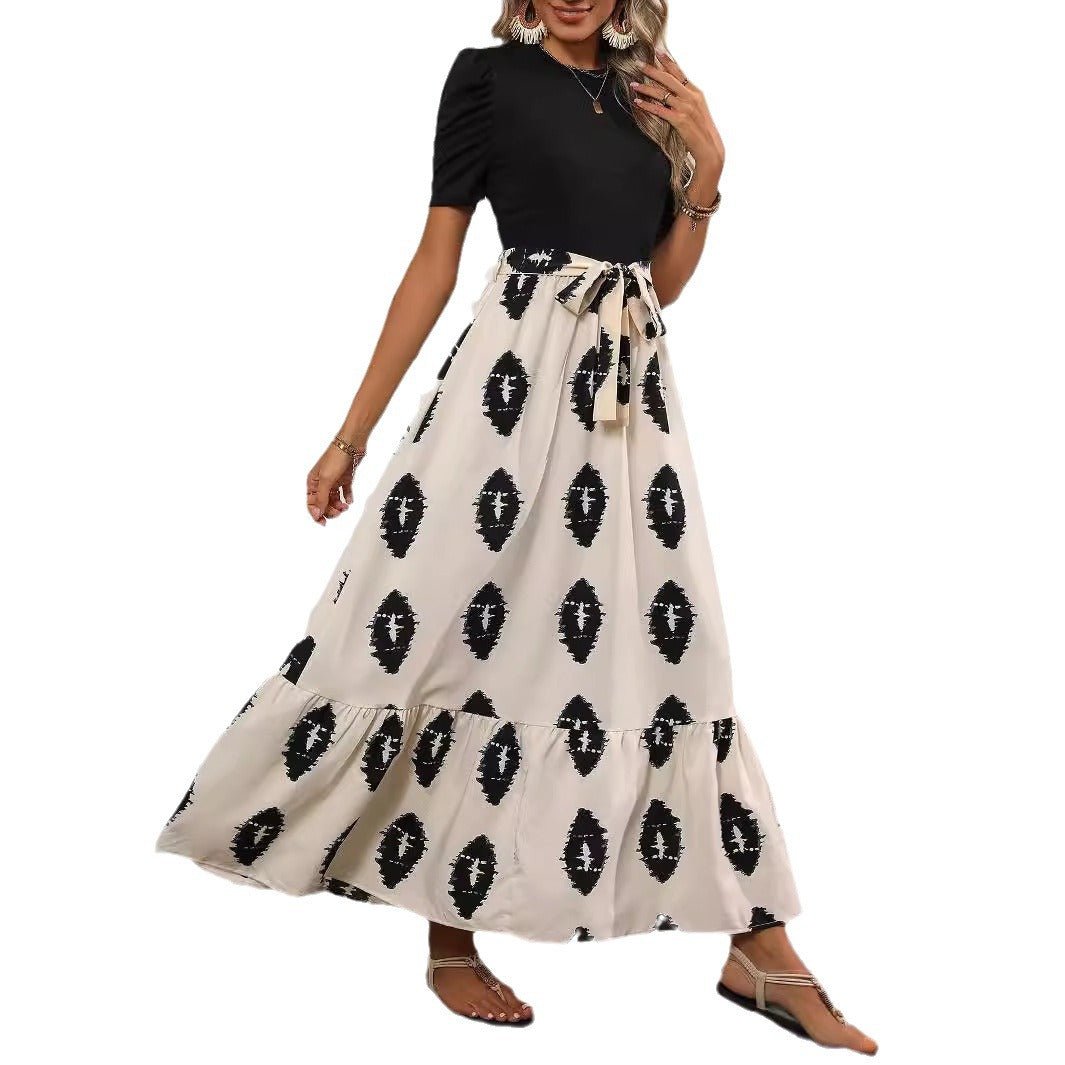 2025 new elegant women's geometric printing round neck bubble sleeve hem ruffle edge dress