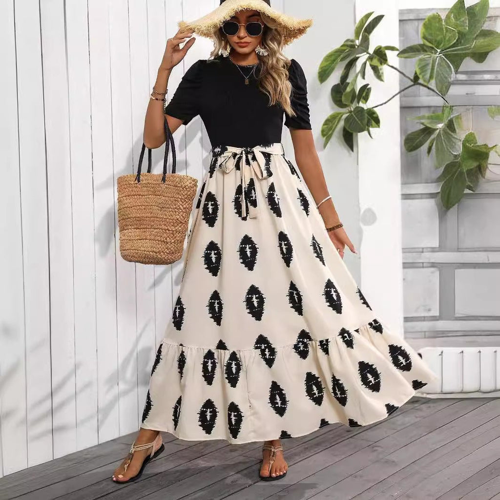 2025 new elegant women's geometric printing round neck bubble sleeve hem ruffle edge dress