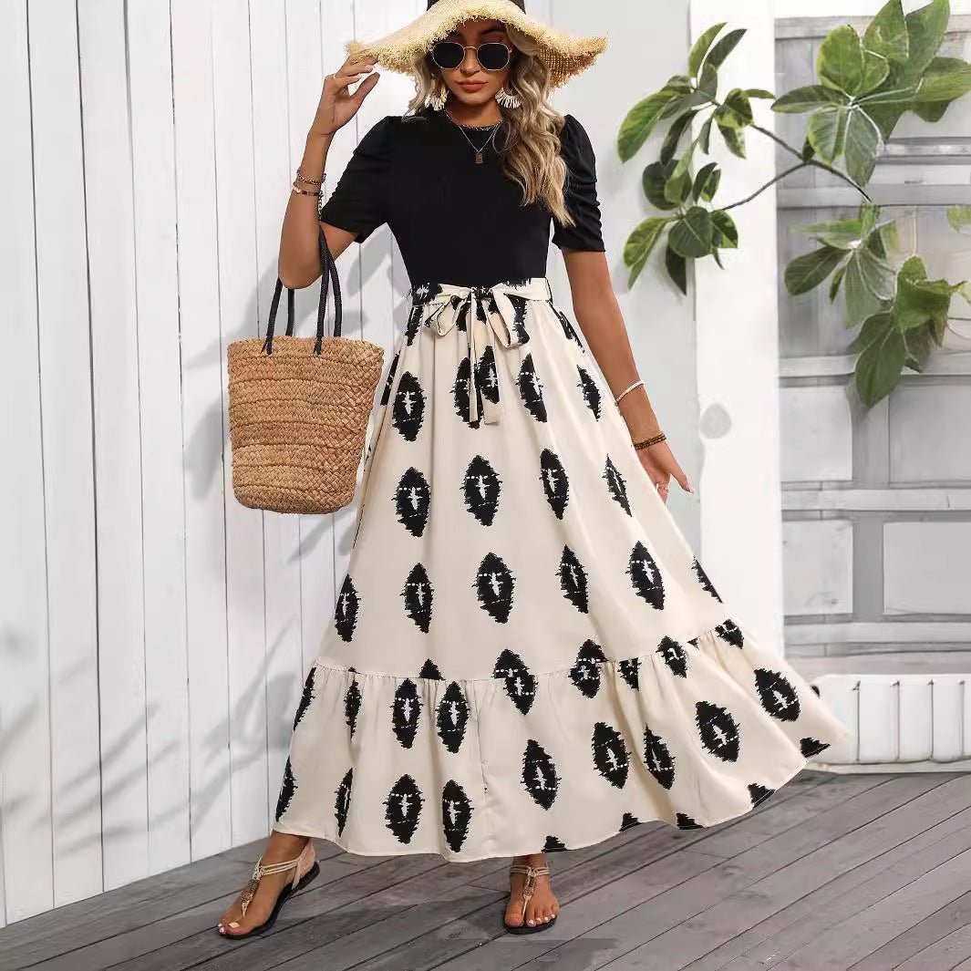 2025 new elegant women's geometric printing round neck bubble sleeve hem ruffle edge dress