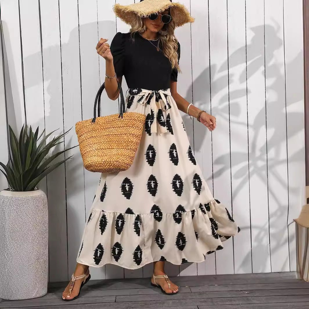2025 new elegant women's geometric printing round neck bubble sleeve hem ruffle edge dress