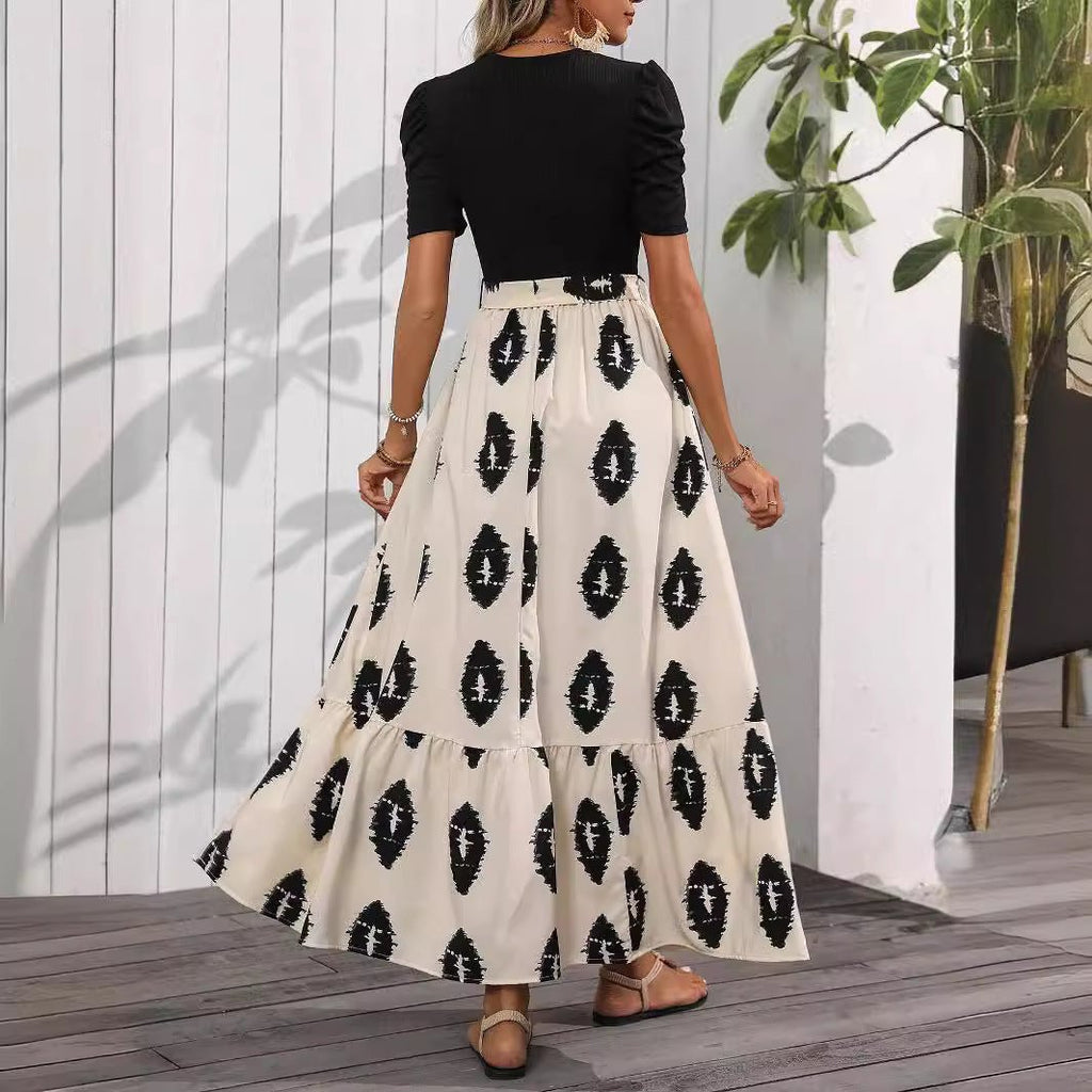 2025 new elegant women's geometric printing round neck bubble sleeve hem ruffle edge dress