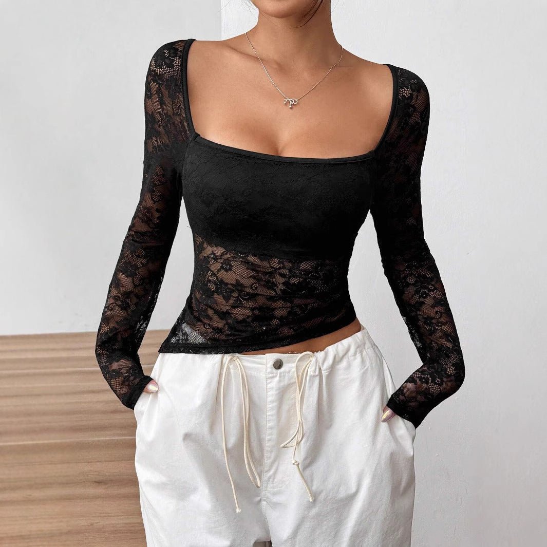 2025 new elegant women's lace U-neck asymmetrical hem design long-sleeved T-shirt top women