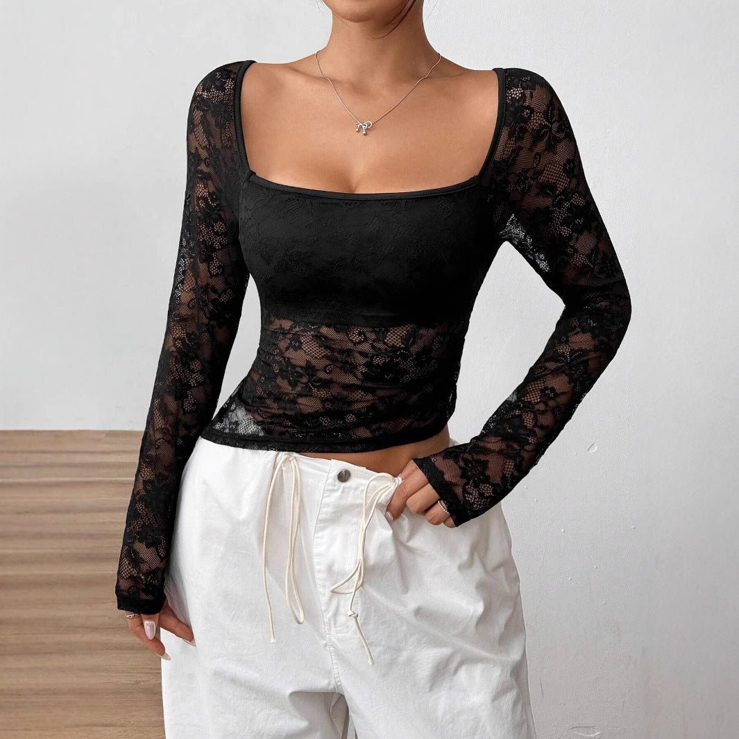 2025 new elegant women's lace U-neck asymmetrical hem design long-sleeved T-shirt top women