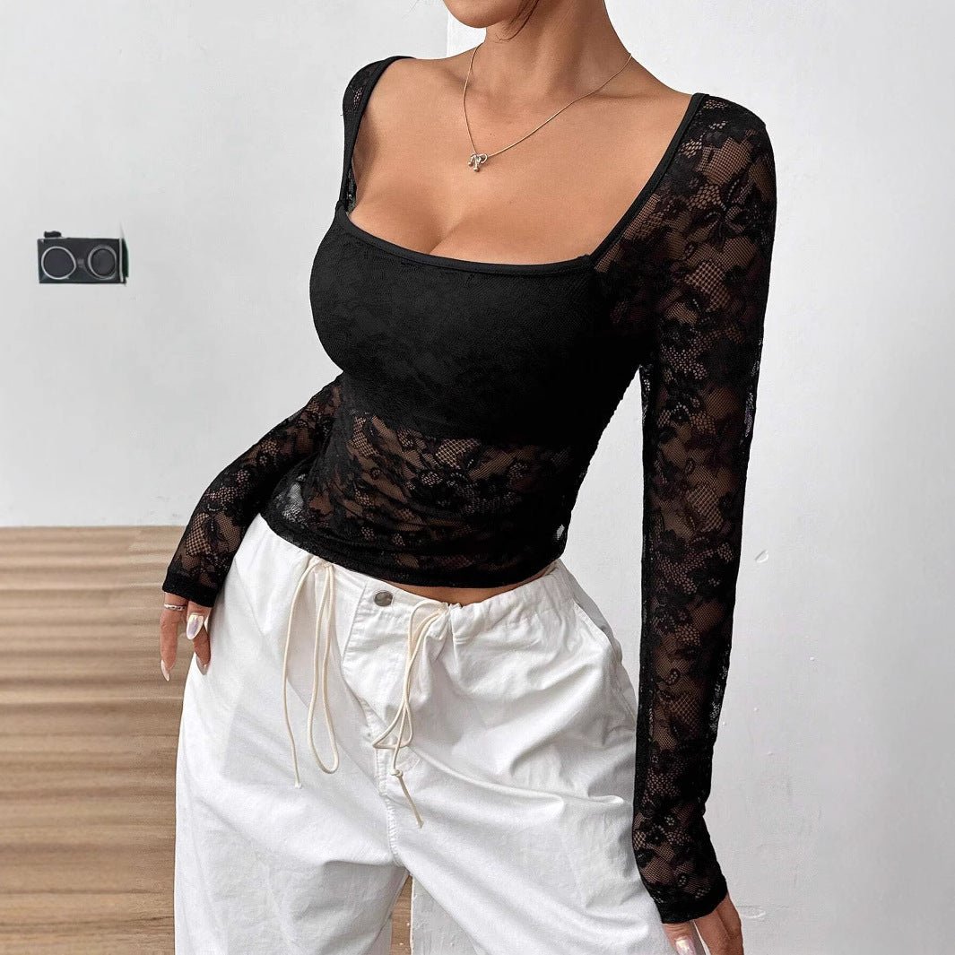 2025 new elegant women's lace U-neck asymmetrical hem design long-sleeved T-shirt top women