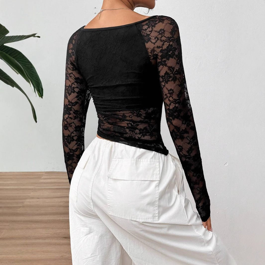 2025 new elegant women's lace U-neck asymmetrical hem design long-sleeved T-shirt top women