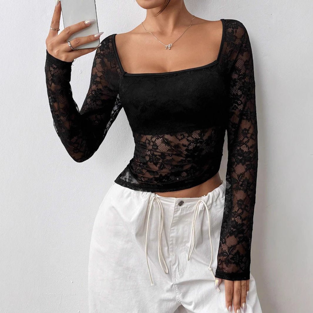 2025 new elegant women's lace U-neck asymmetrical hem design long-sleeved T-shirt top women