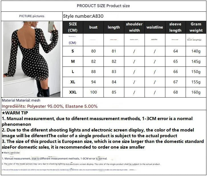 2025 new elegant women's mesh polka dot printing round neck backless long-sleeved dress