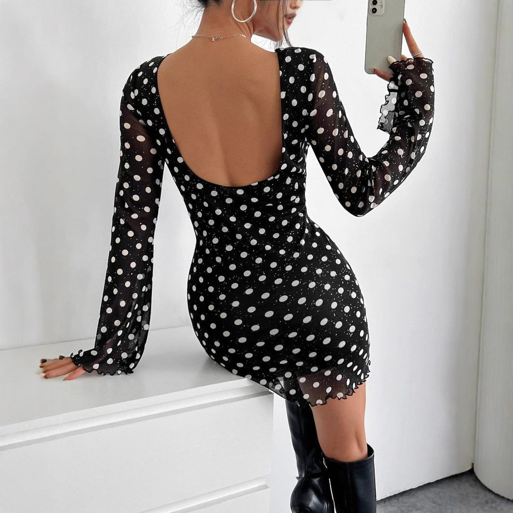 2025 new elegant women's mesh polka dot printing round neck backless long-sleeved dress