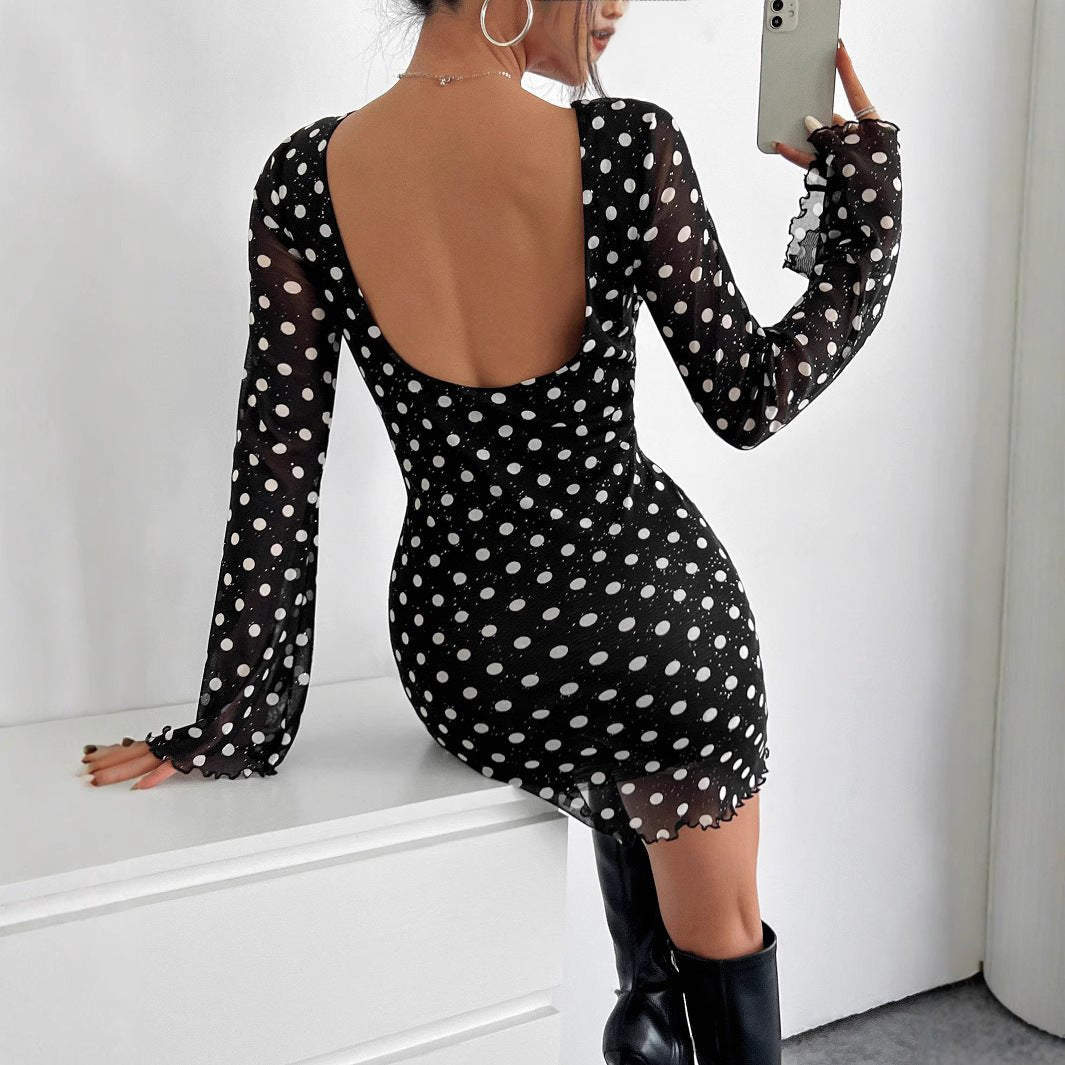 2025 new elegant women's mesh polka dot printing round neck backless long-sleeved dress
