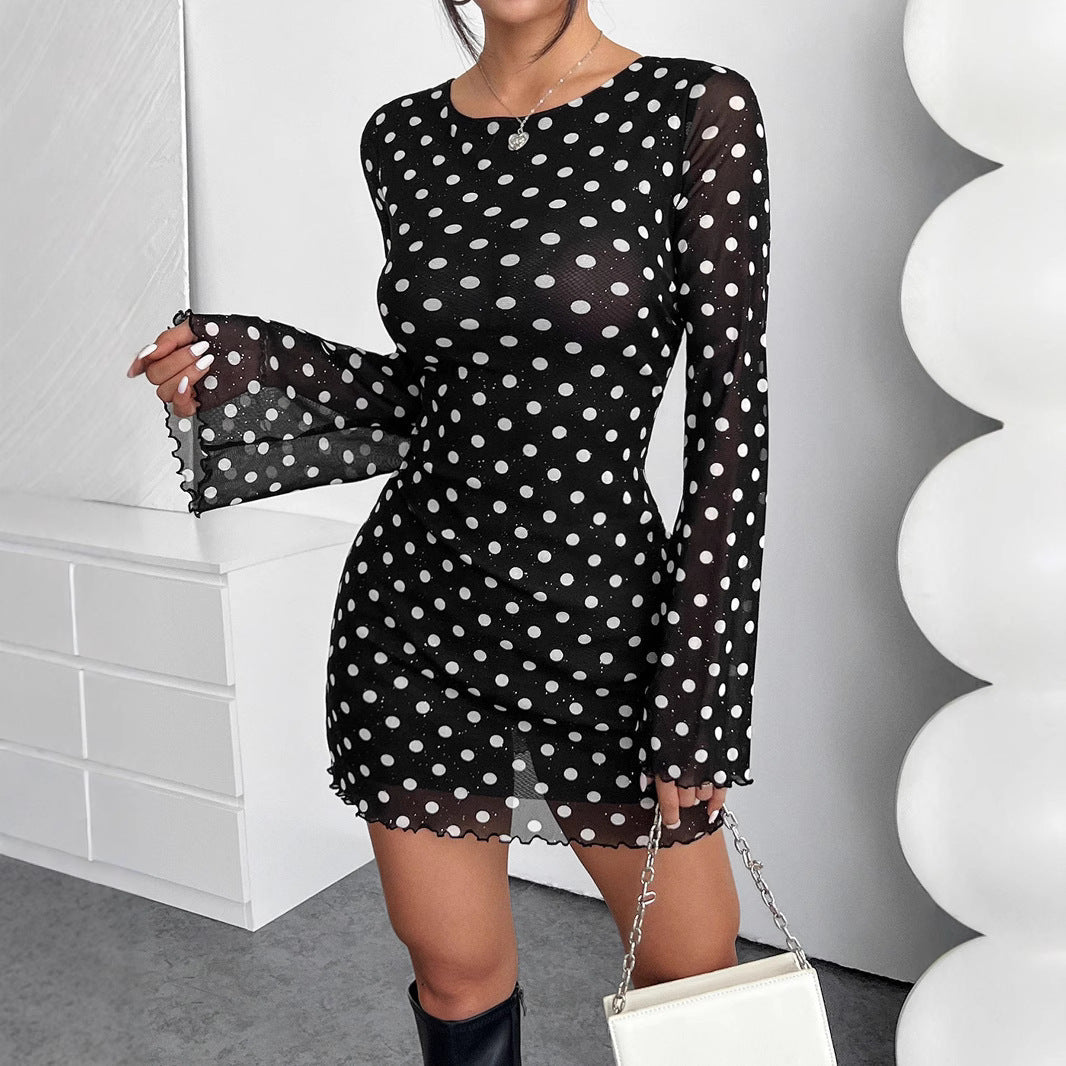 2025 new elegant women's mesh polka dot printing round neck backless long-sleeved dress
