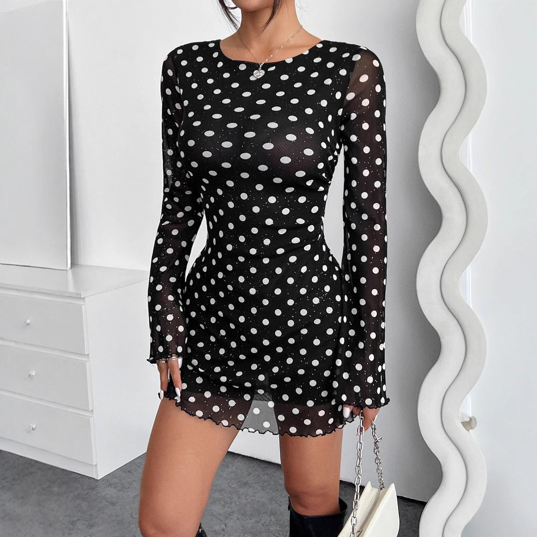 2025 new elegant women's mesh polka dot printing round neck backless long-sleeved dress