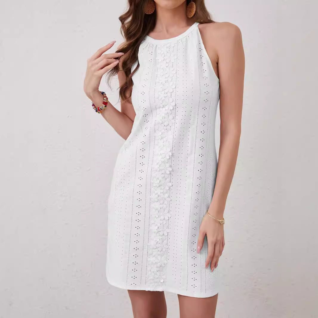 2025 new  elegant women's solid color lace splicing sleeveless sexy backless dress