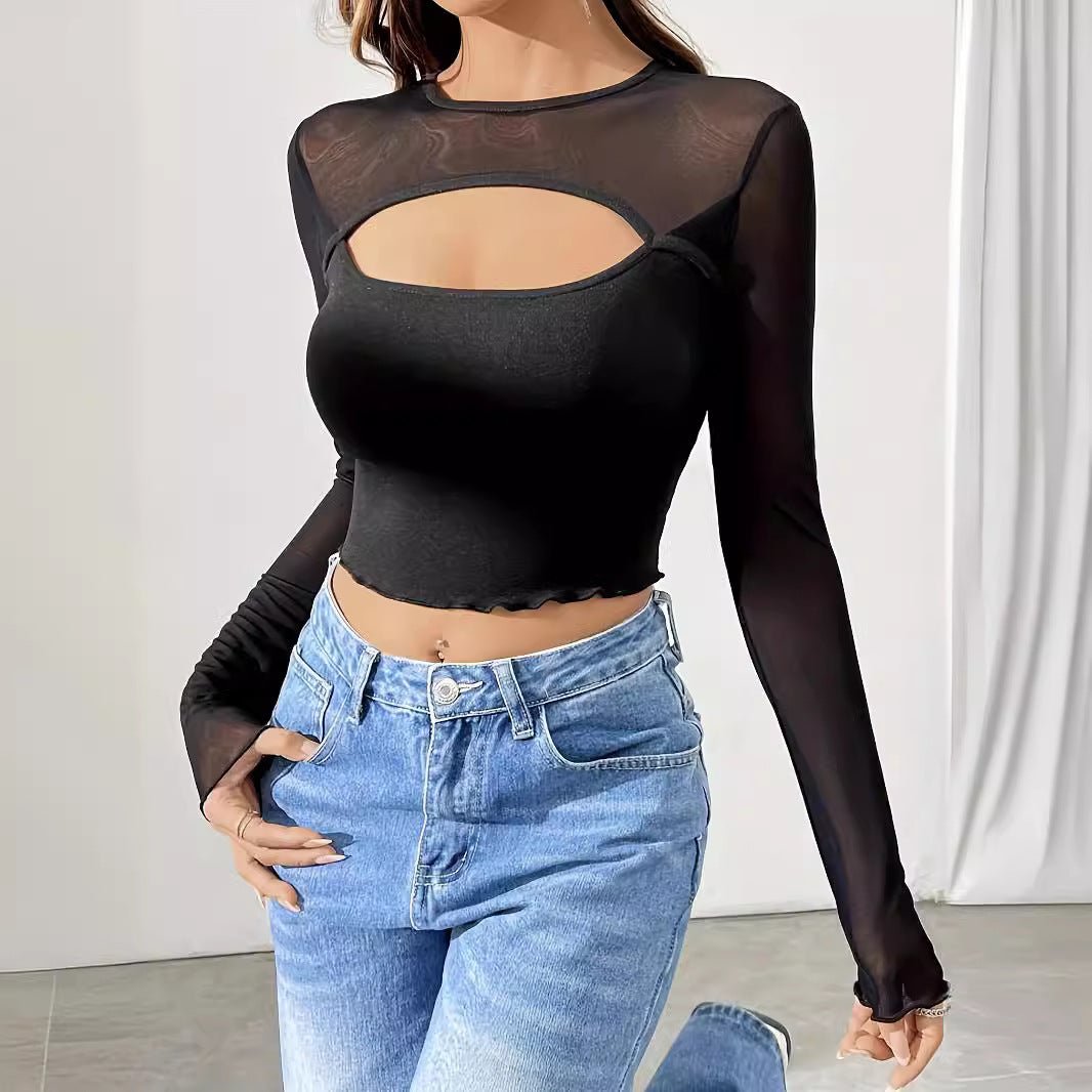 2025 new sexy chest hollow mesh splicing long-sleeved short T-shirt thin top women