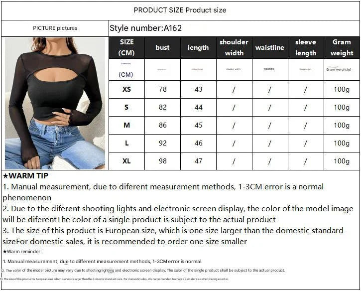 2025 new sexy chest hollow mesh splicing long-sleeved short T-shirt thin top women