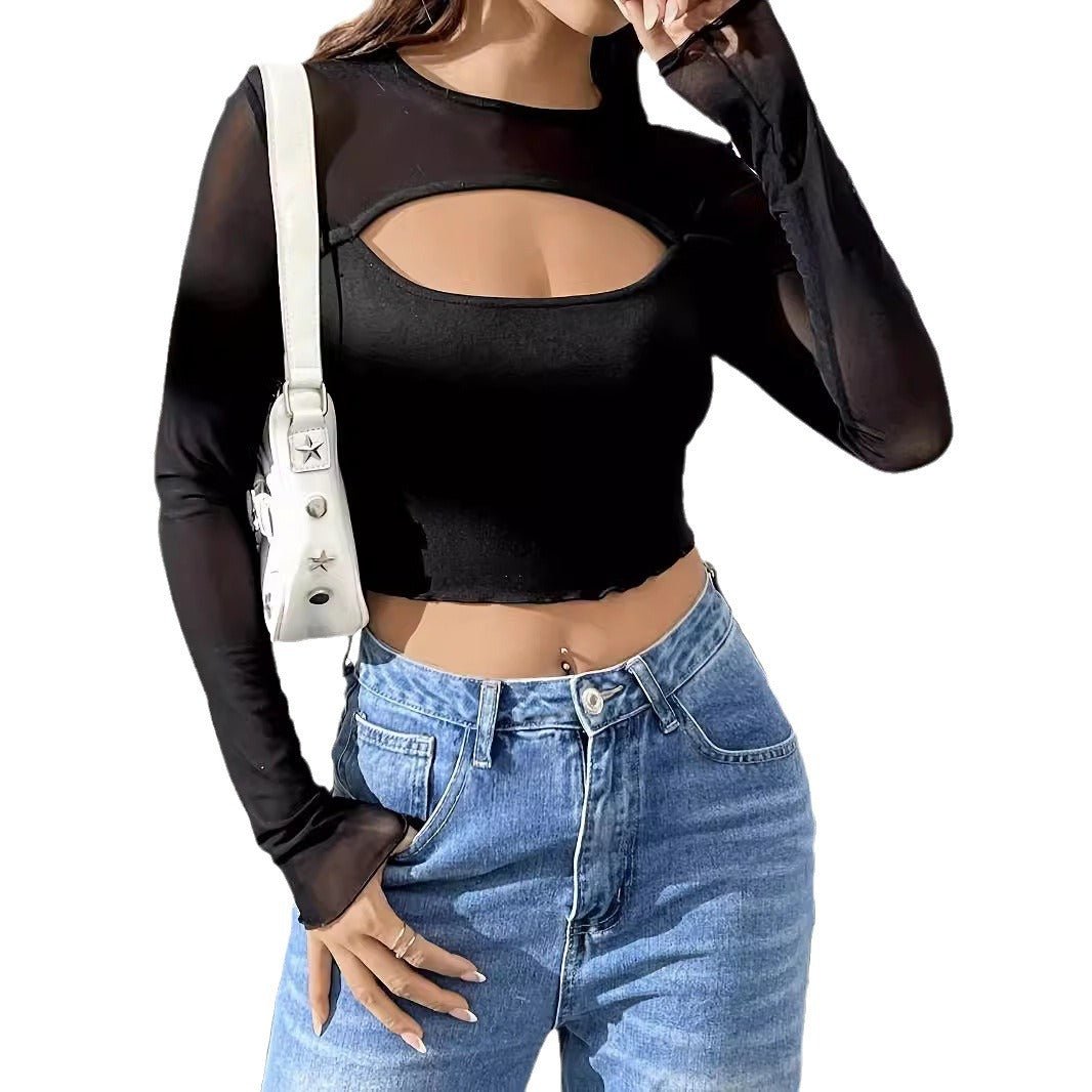 2025 new sexy chest hollow mesh splicing long-sleeved short T-shirt thin top women