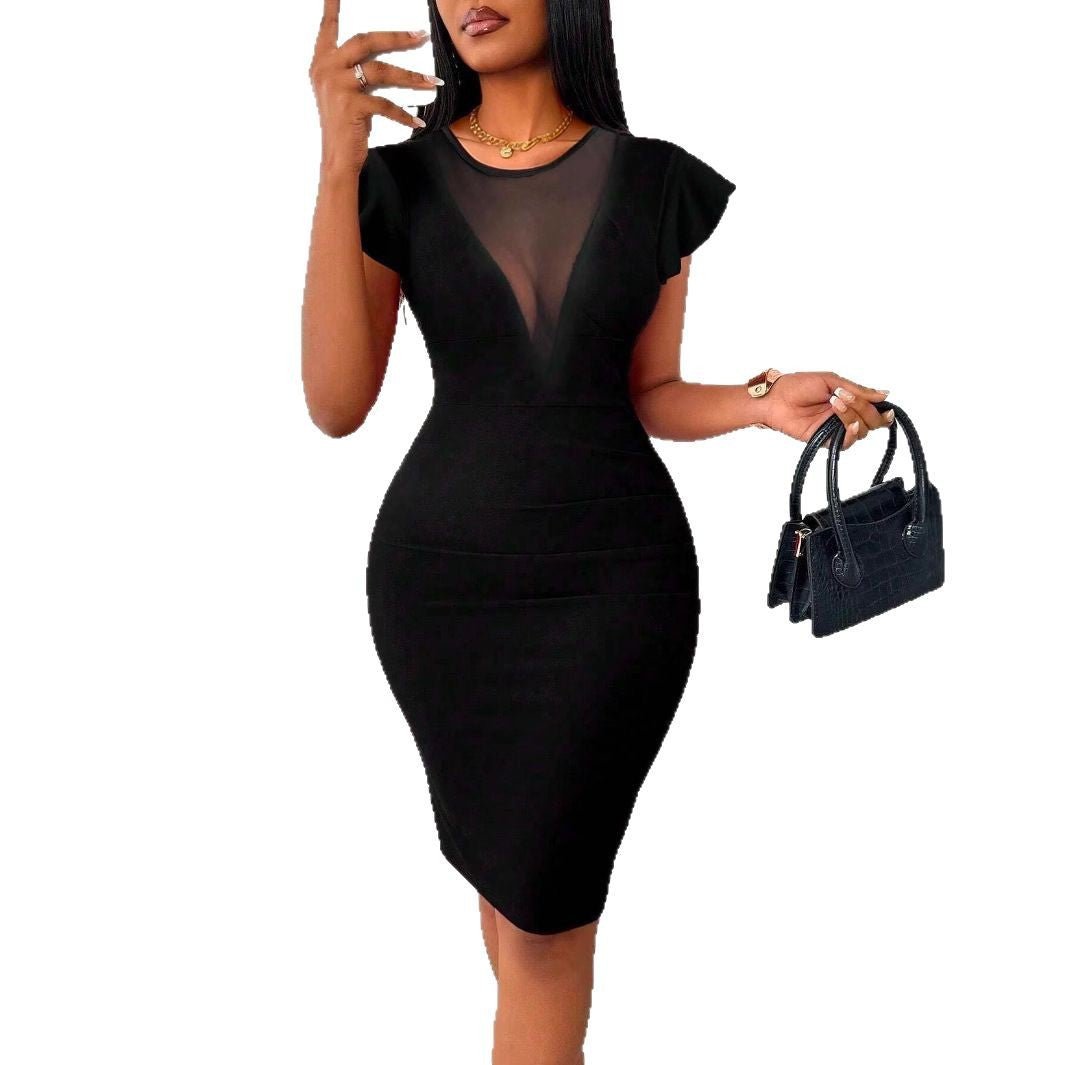 2025 new solid color round neck elegant and slim dress women's summer high sense