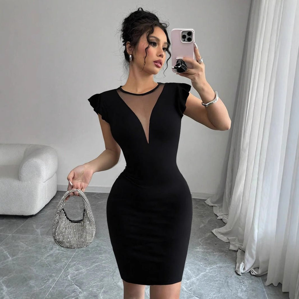 2025 new solid color round neck elegant and slim dress women's summer high sense
