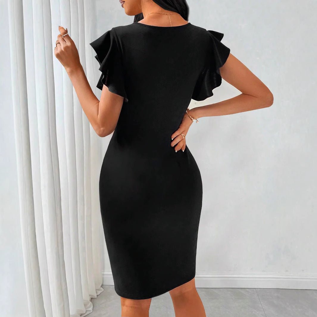 2025 new solid color round neck elegant and slim dress women's summer high sense