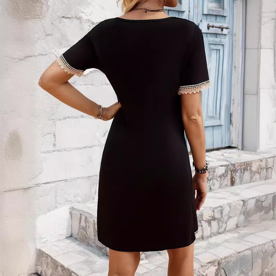 2025 new V-neck lace splicing solid color short-sleeved long slim and thin dress