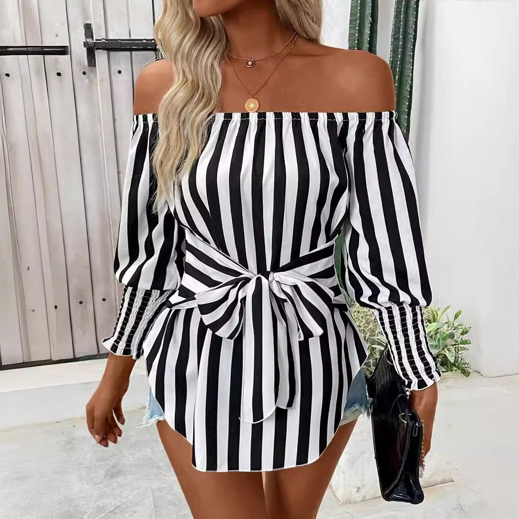 2025 new women's fashion loose off-the-shoulder lantern sleeves asymmetrical hem striped shirt