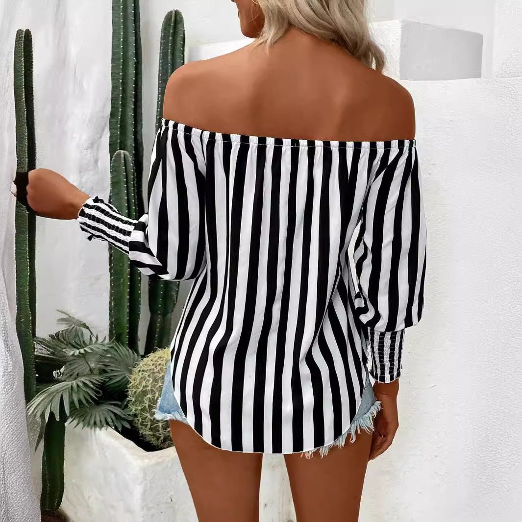 2025 new women's fashion loose off-the-shoulder lantern sleeves asymmetrical hem striped shirt