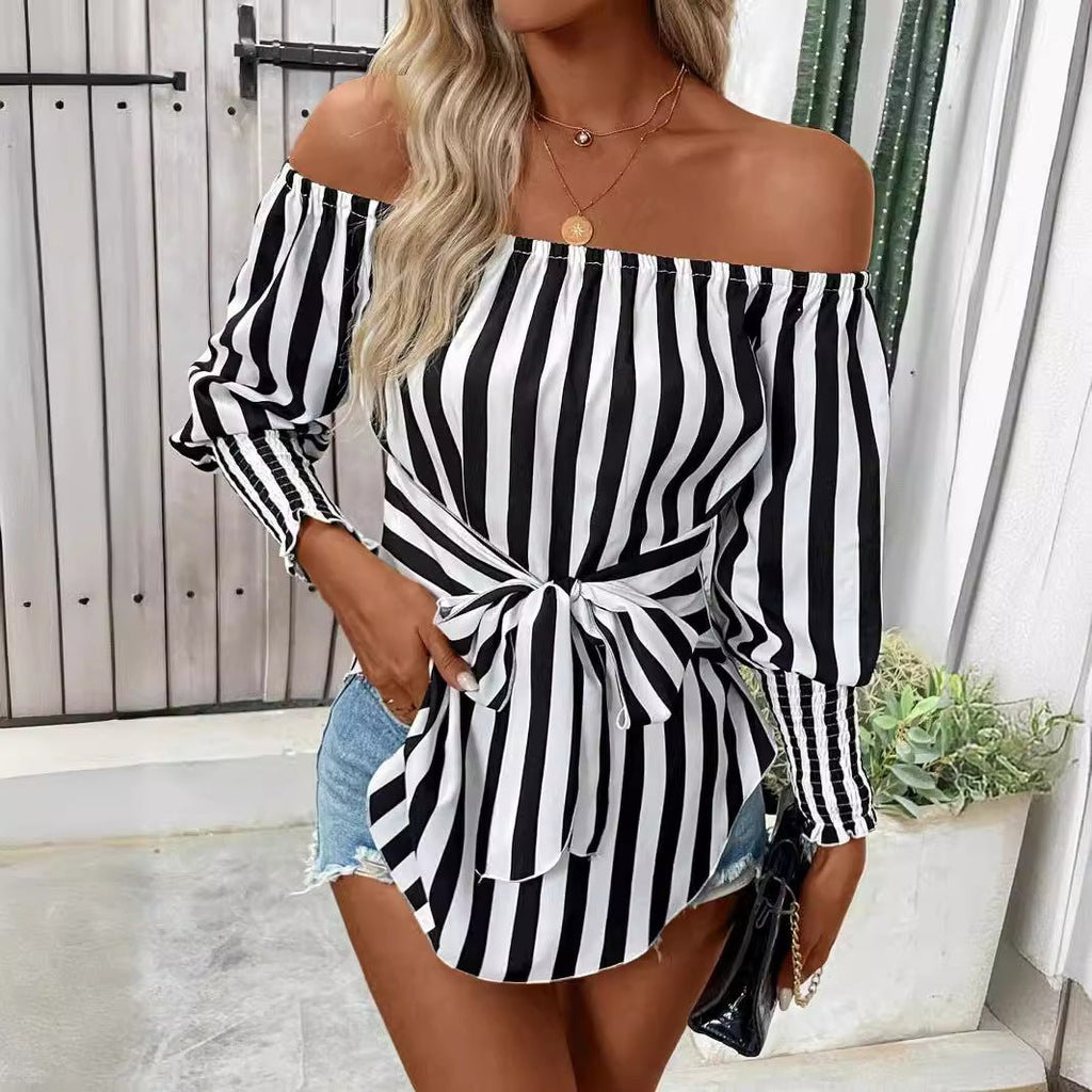 2025 new women's fashion loose off-the-shoulder lantern sleeves asymmetrical hem striped shirt
