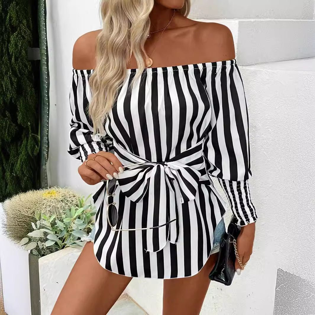 2025 new women's fashion loose off-the-shoulder lantern sleeves asymmetrical hem striped shirt