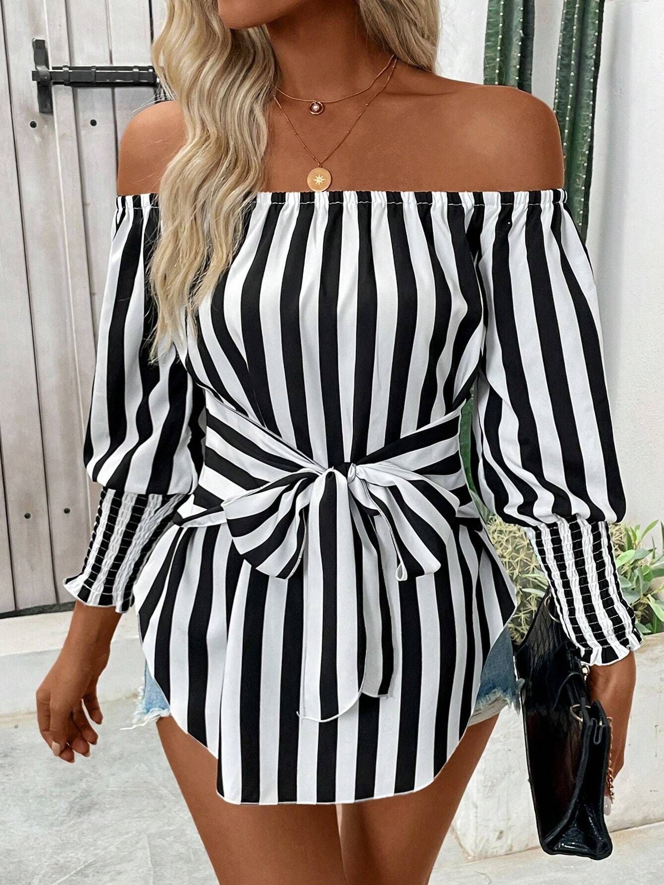 2025 new women's fashion loose off-the-shoulder lantern sleeves asymmetrical hem striped shirt