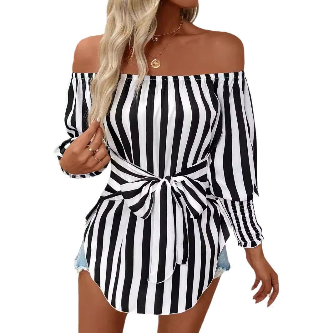 2025 new women's fashion loose off-the-shoulder lantern sleeves asymmetrical hem striped shirt