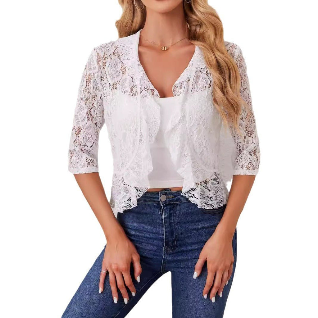 2025 's new elegant and fashionable women's ruffle leaf open placket short lace top