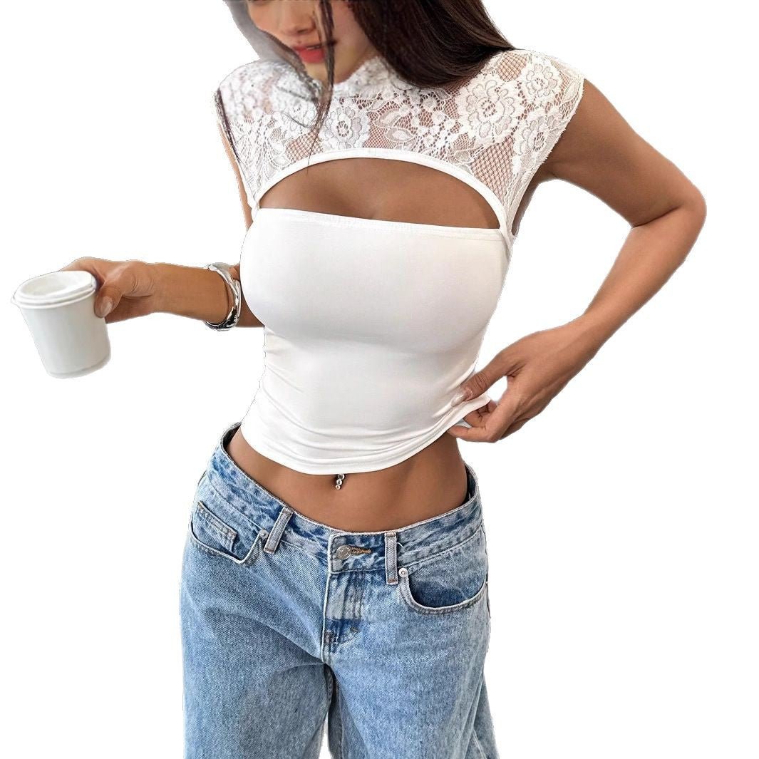 2025 spring and summer new pure desire sexy wind lace splicing slim hollow female Spice Girl short top