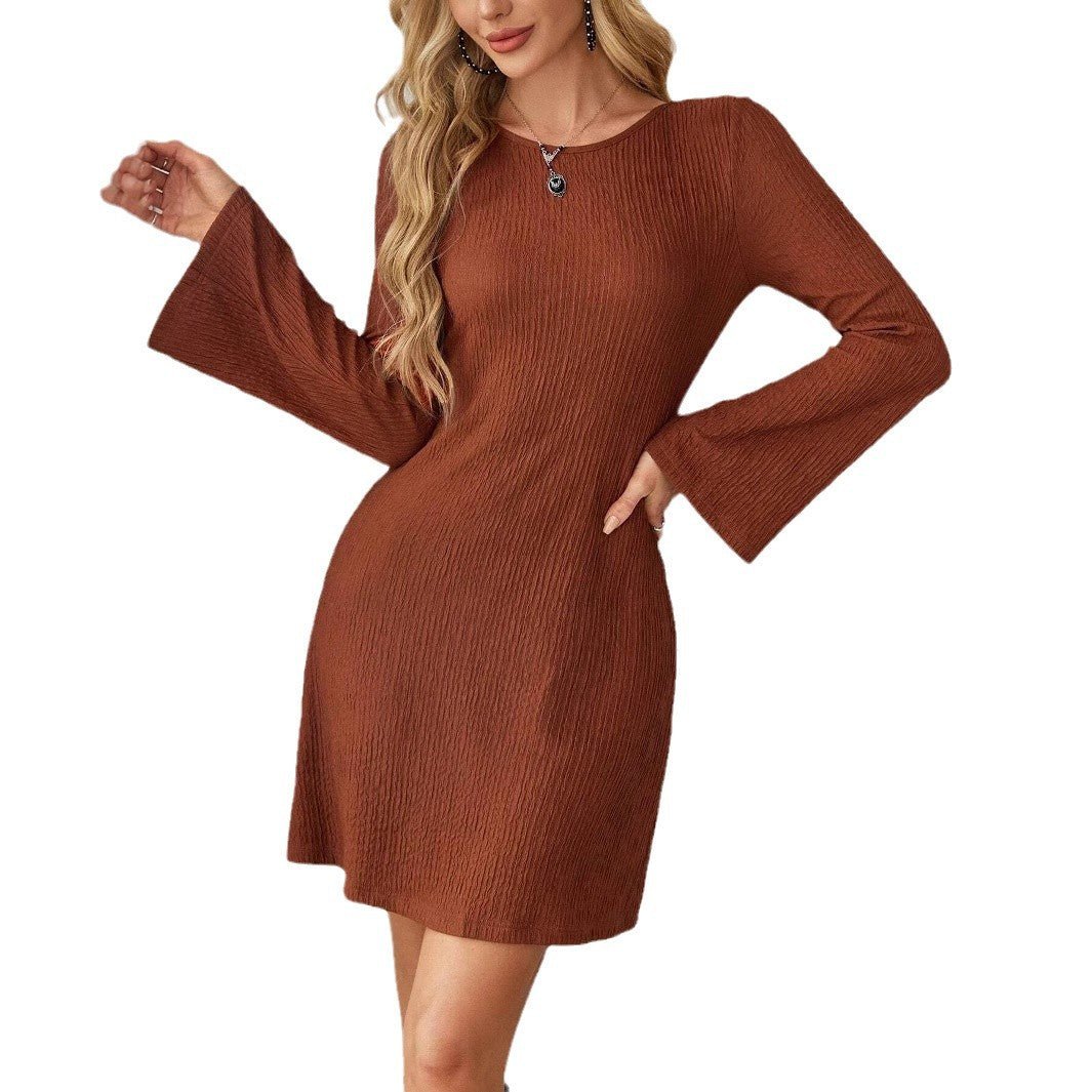 2025 spring elegant women's brown texture halter bow horn sleeve dress