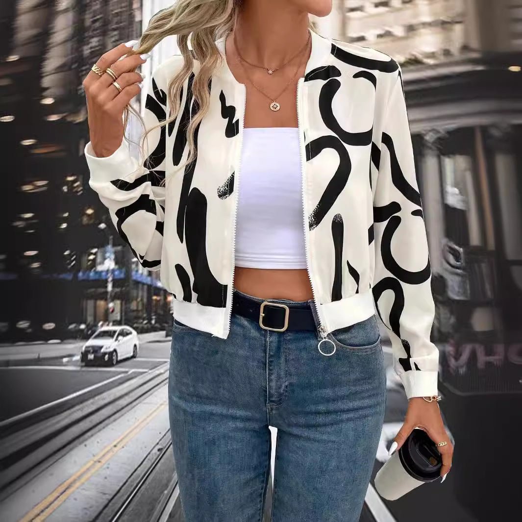 2025 spring elegant women's pattern print zipper baseball jacket casual top coat