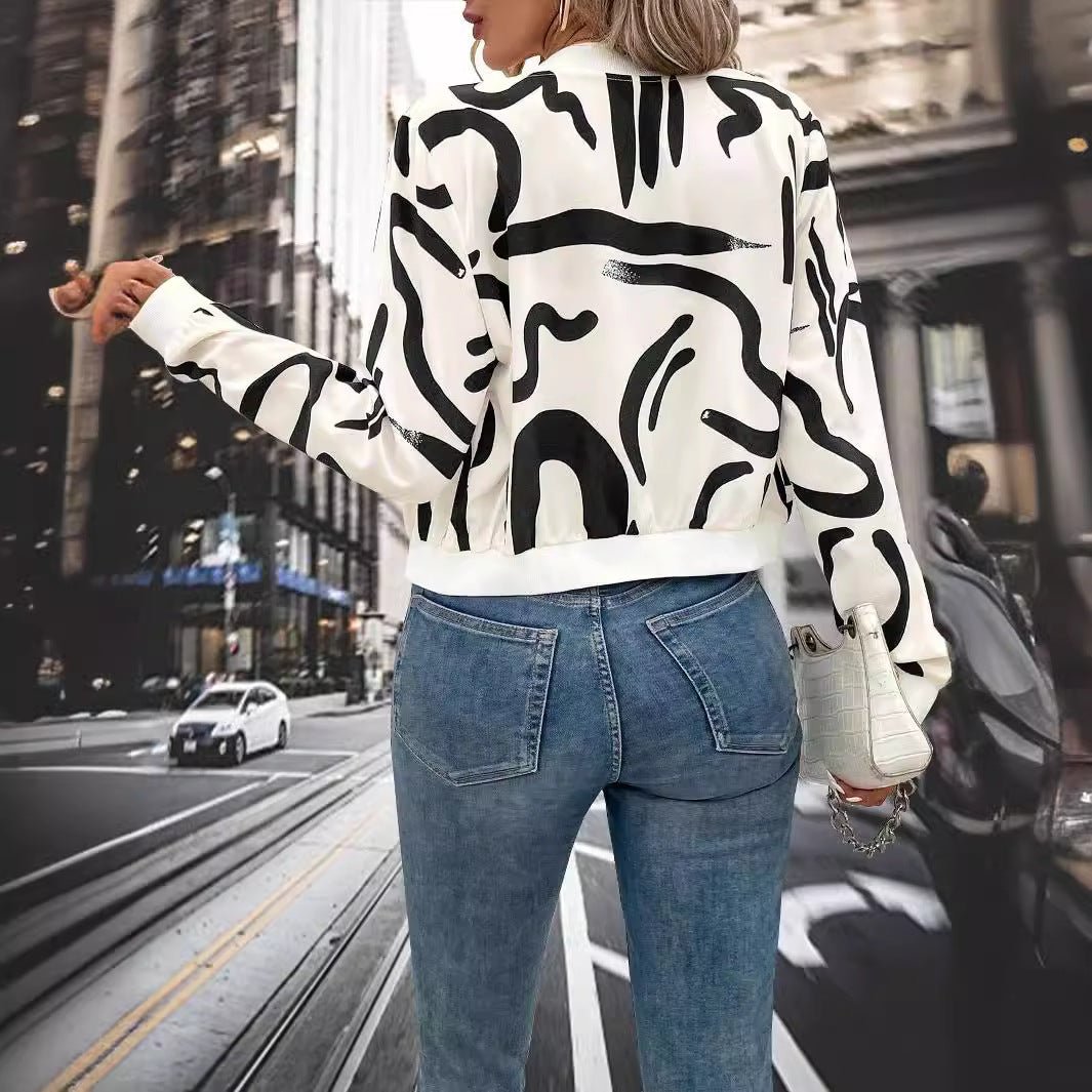 2025 spring elegant women's pattern print zipper baseball jacket casual top coat