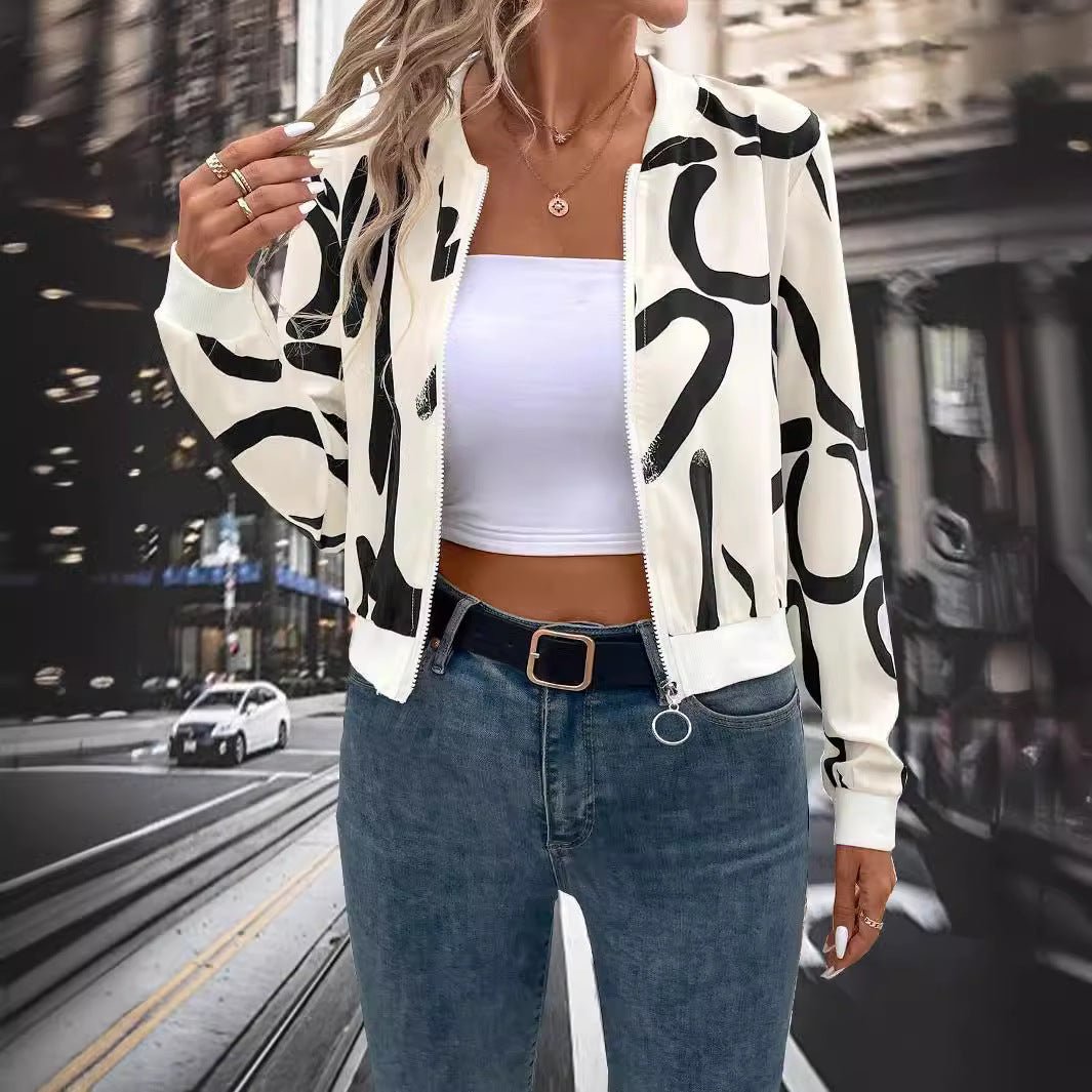 2025 spring elegant women's pattern print zipper baseball jacket casual top coat