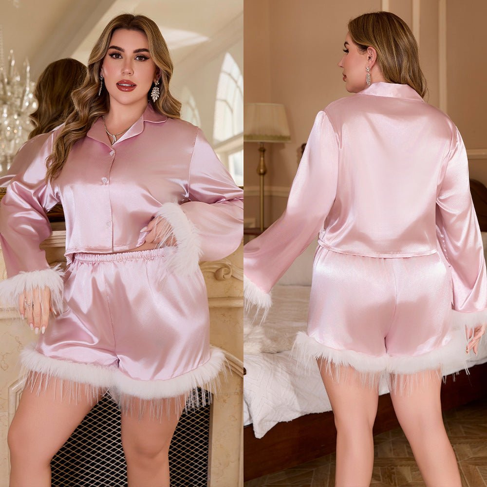 2025 spring ice silk pajamas fashion ostrich hair shirt trousers loose two-piece set feather loungewear women