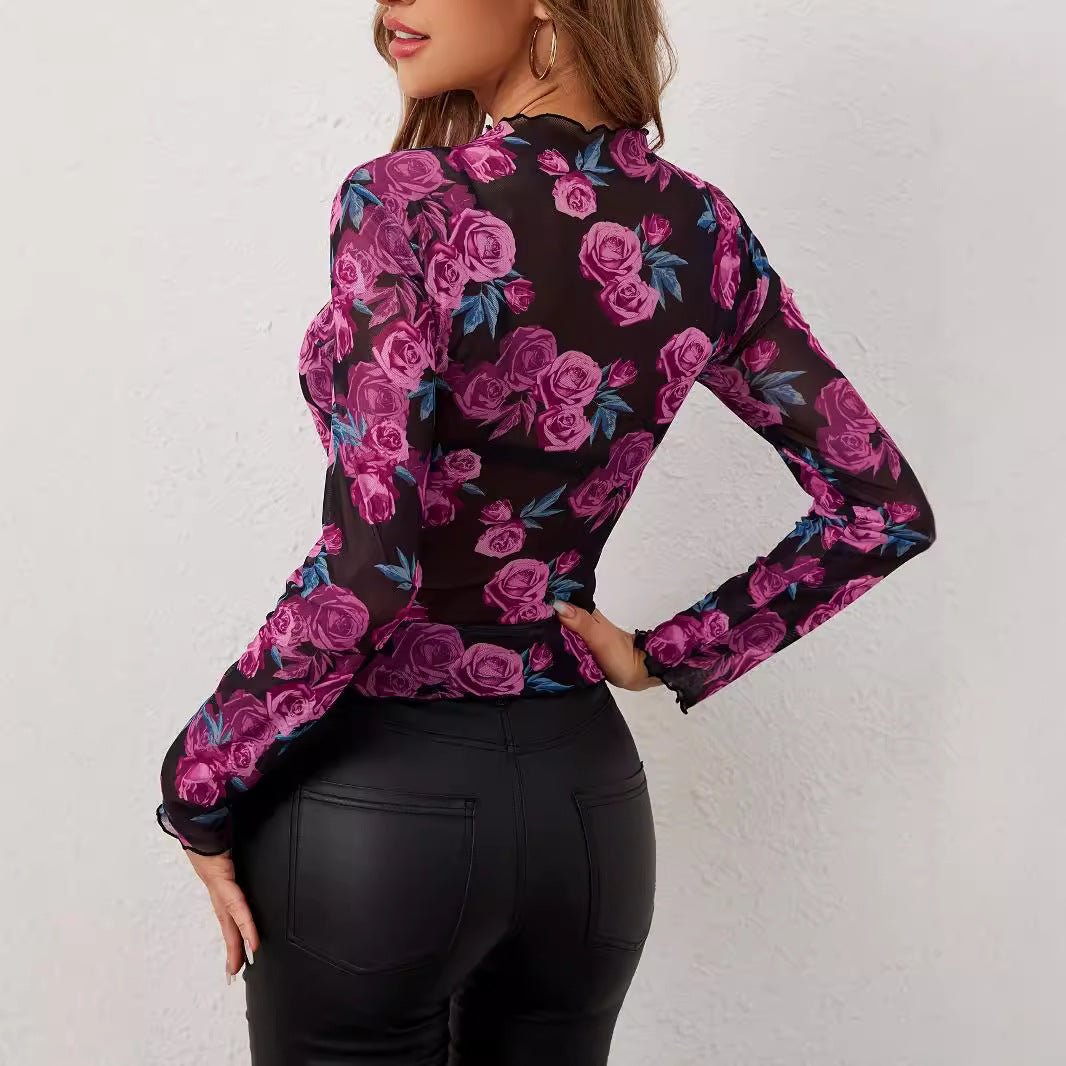 2025 spring new elegant flower fashion flower printing small stand-up collar mesh fungus edge women's top