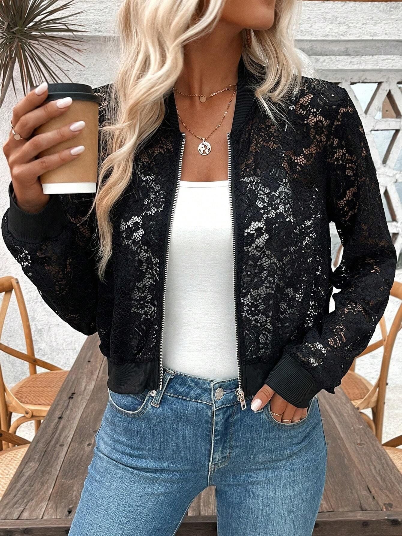 2025 spring new elegant ladies jacquard lace see-through zipper short jacket top coat