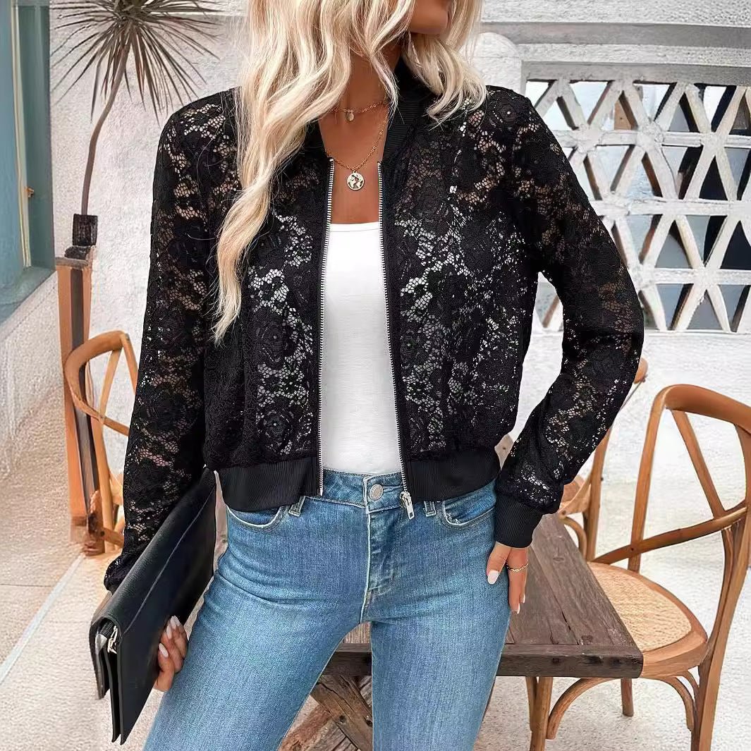 2025 spring new elegant ladies jacquard lace see-through zipper short jacket top coat