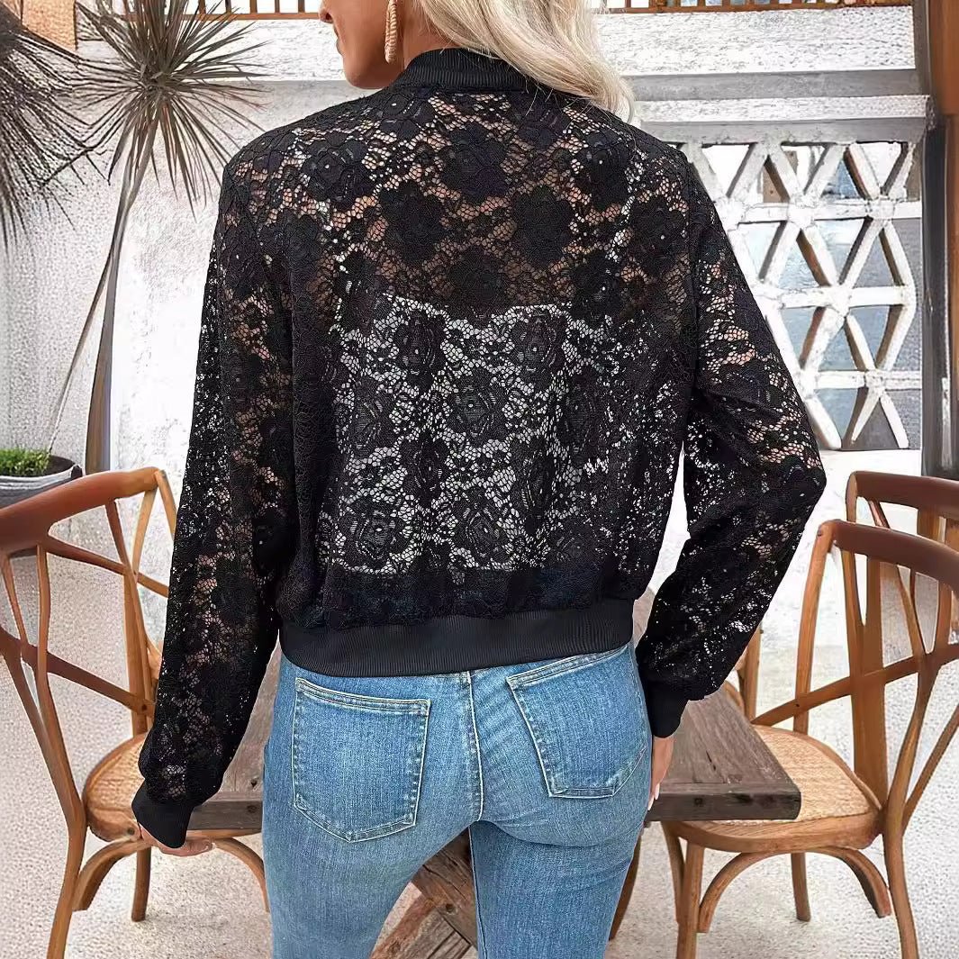 2025 spring new elegant ladies jacquard lace see-through zipper short jacket top coat