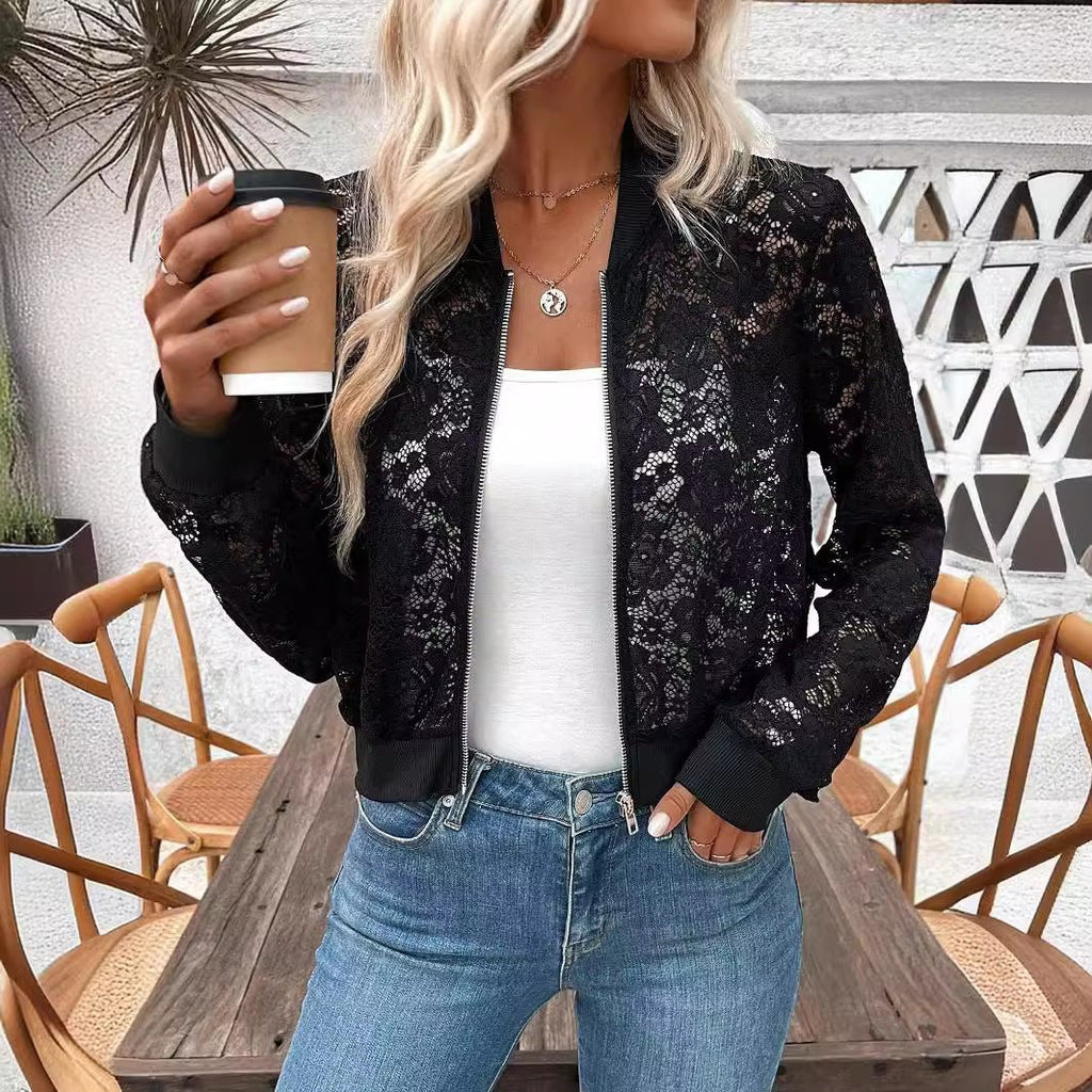 2025 spring new elegant ladies jacquard lace see-through zipper short jacket top coat