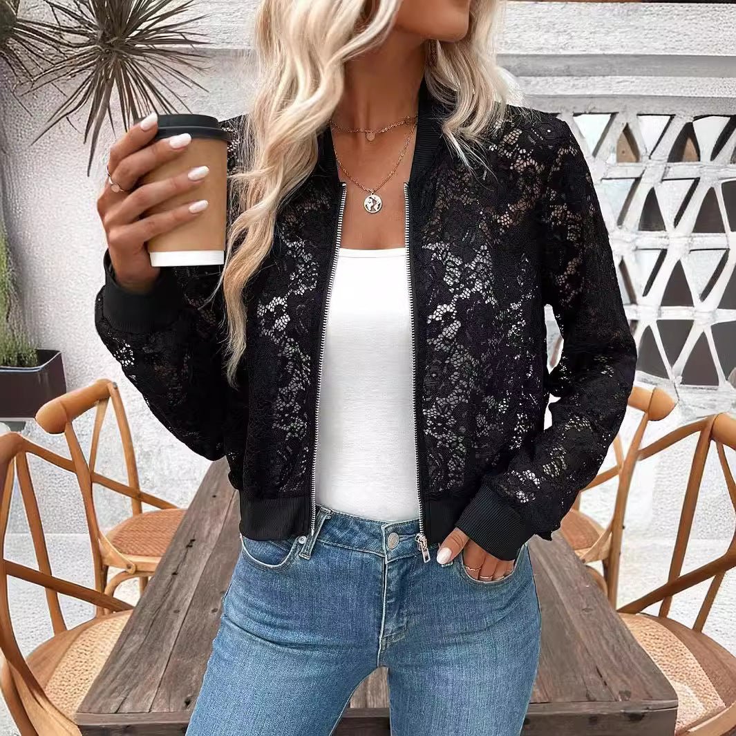 2025 spring new elegant ladies jacquard lace see-through zipper short jacket top coat
