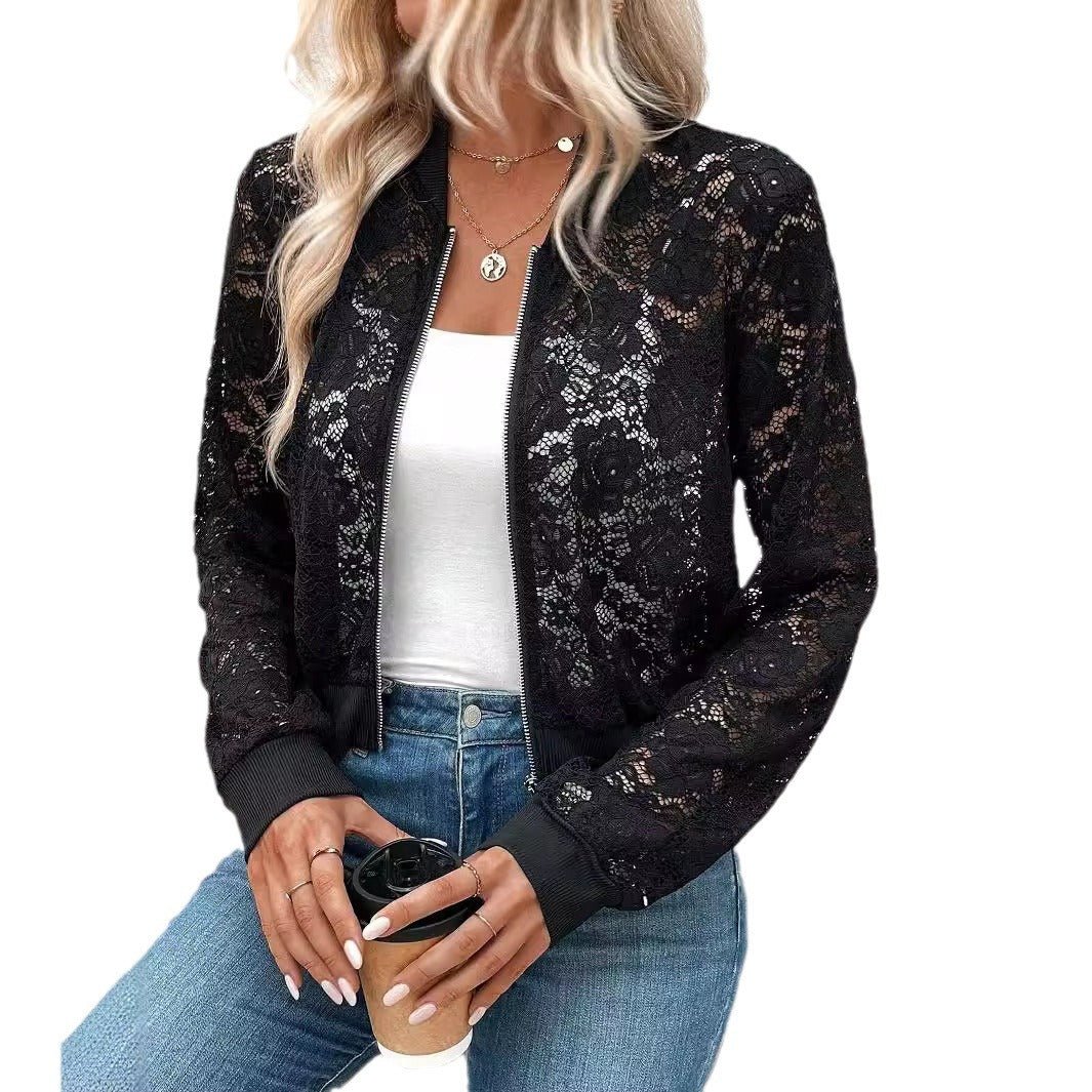 2025 spring new elegant ladies jacquard lace see-through zipper short jacket top coat