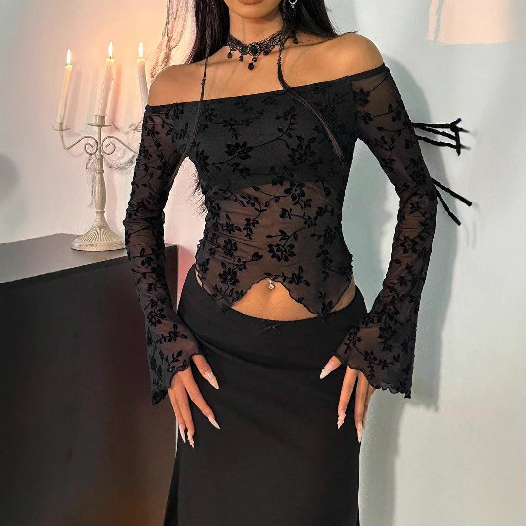 2025 spring new elegant women's black flower mesh off-the-shoulder horn sleeve T-shirt top women