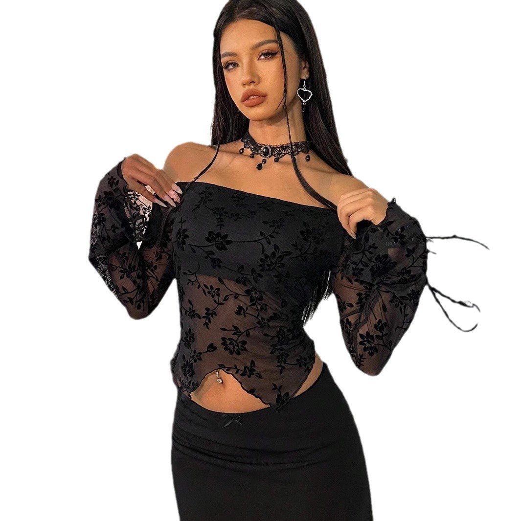 2025 spring new elegant women's black flower mesh off-the-shoulder horn sleeve T-shirt top women