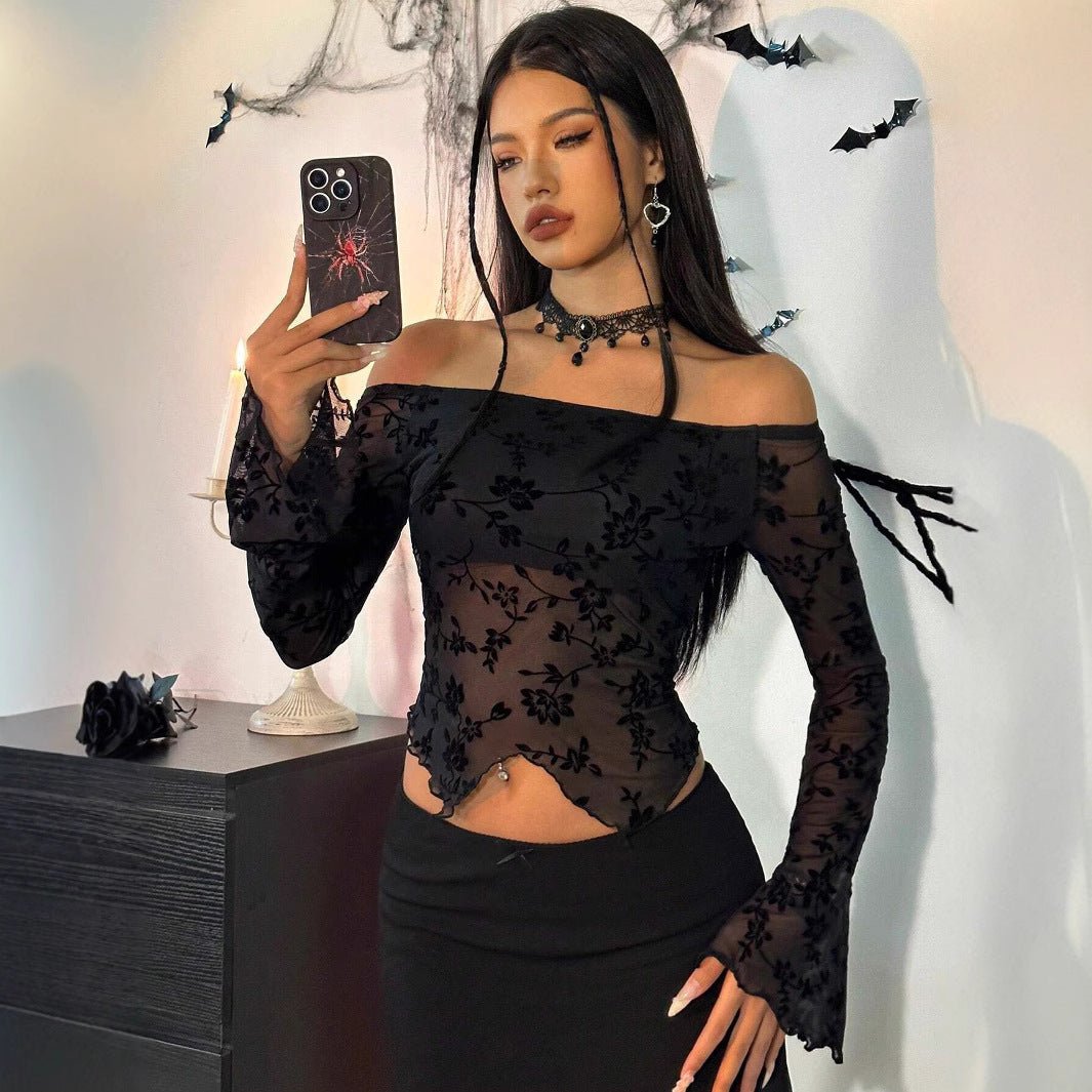 2025 spring new elegant women's black flower mesh off-the-shoulder horn sleeve T-shirt top women