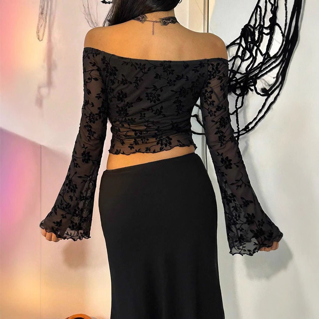 2025 spring new elegant women's black flower mesh off-the-shoulder horn sleeve T-shirt top women