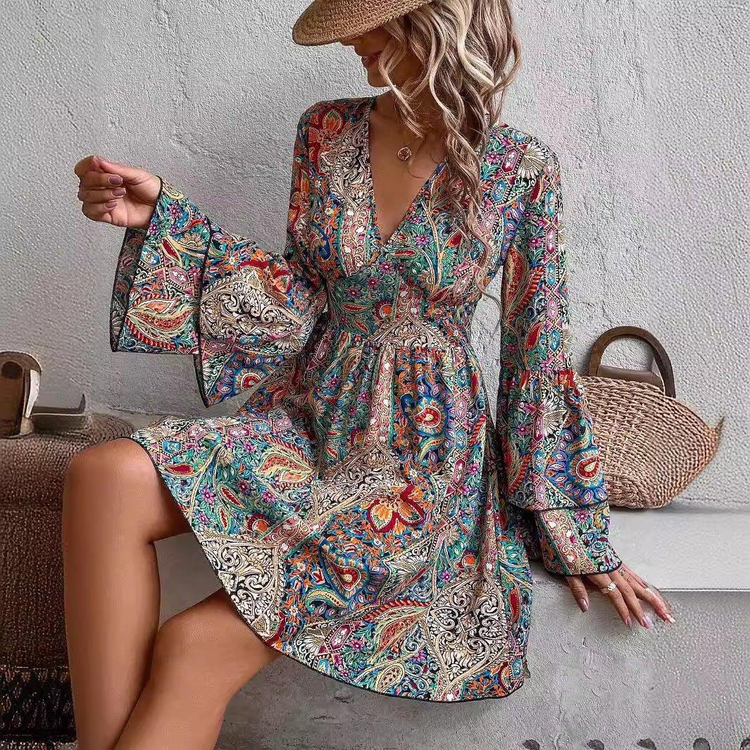 2025 spring new elegant women's floral print V-neck trumpet sleeve dress